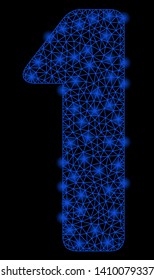 Bright mesh 1 digit with lightspot effect. Shiny wire carcass triangular mesh in vector format on a black background. Abstract 2d mesh designed with polygonal grid, round dots, glowing glare spots.