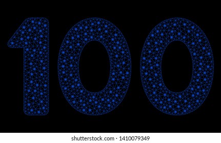 Bright mesh 100 digits text with glare effect. Shiny wire frame triangular mesh in vector format on a black background. Abstract 2d mesh designed with triangles, round dots, glossy flare spots.