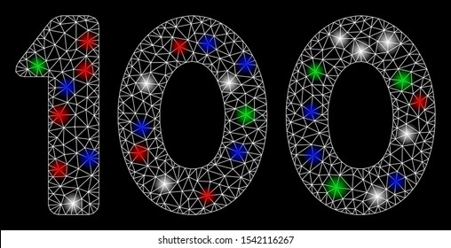 Bright mesh 100 digits text with glow effect. White wire frame polygonal mesh in vector format on a black background. Abstract 2d mesh designed with triangular lines, spheric points,
