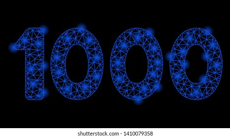 Bright mesh 1000 digits text with glare effect. Shiny wire frame triangular mesh in vector format on a black background. Abstract 2d mesh designed with triangles, round dots, glowing glare spots.