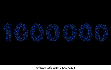 Bright mesh 1000000 digits text with glow effect. Shiny wire carcass triangular mesh in vector format on a black background. Abstract 2d mesh designed with triangular lines, points,