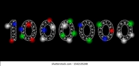 Bright mesh 1000000 digits text with glow effect. White wire carcass polygonal network in vector format on a black background. Abstract 2d mesh designed with polygonal grid, spheric points,