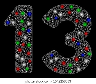 Bright mesh 13 number text with lightspot effect. White wire frame polygonal mesh in vector format on a black background. Abstract 2d mesh designed with polygonal grid, round dots,