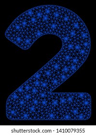 Bright mesh 2 digit with glare effect. Shiny wire frame polygonal mesh in vector format on a black background. Abstract 2d mesh designed with triangular lines, points, glowing glare spots.