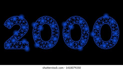 Bright mesh 2000 digits text with glare effect. Shiny wire frame polygonal mesh in vector format on a black background. Abstract 2d mesh designed with triangles, small circle, glowing flare spots.