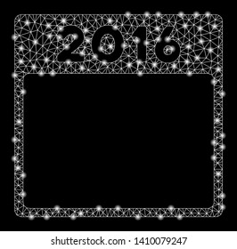 Bright mesh 2016 year calendar template with glow effect. Shiny wire carcass triangular mesh in vector format on a black background. Abstract 2d mesh designed with triangles, round dots,