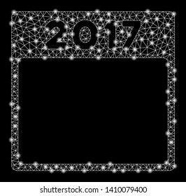 Bright mesh 2017 year calendar template with glow effect. Shiny wire carcass triangular mesh in vector format on a black background. Abstract 2d mesh created from triangular lines, small circle,