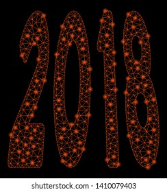 Bright mesh 2018 text with glare effect. Shiny wire carcass polygonal mesh in vector format on a black background. Abstract 2d mesh built from polygonal grid, spheric points, glowing flare spots.