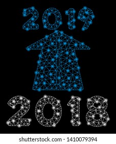 Bright mesh 2019 future road with lightspot effect. Shiny wire carcass triangular network in vector format on a black background. Abstract 2d mesh designed with triangular lines, points,