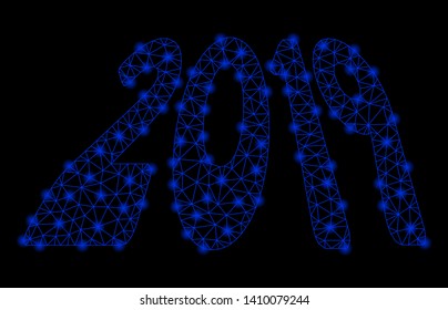 Bright mesh 2019 perspective text with glow effect. Shiny wire carcass polygonal mesh in vector format on a black background. Abstract 2d mesh designed with polygonal grid, round dots,