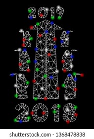 Bright mesh 2019 scytheman future road with glow effect. White wire carcass triangular mesh in vector format on a black background. Abstract 2d mesh designed with triangular lines, small circle,