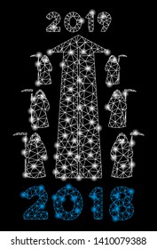 Bright mesh 2019 scytheman future road with glare effect. Shiny wire frame triangular network in vector format on a black background. Abstract 2d mesh designed with triangular lines, round dots,