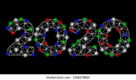 Bright mesh 2020 digits text with lightspot effect. White wire frame polygonal mesh in vector format on a black background. Abstract 2d mesh created from polygonal grid, spheric points,