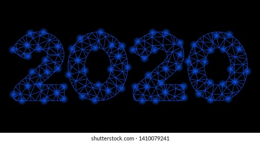 Bright mesh 2020 digits text with glare effect. Shiny wire carcass polygonal mesh in vector format on a black background. Abstract 2d mesh created from polygonal grid, spheric points,