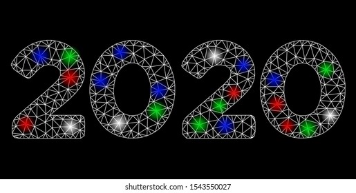 Bright mesh 2020 digits text with glow effect. White wire carcass triangular mesh in vector format on a black background. Abstract 2d mesh created from triangular lines, points, colored light spots.