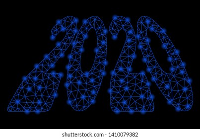 Bright mesh 2020 perspective text with glow effect. Shiny wire frame polygonal mesh in vector format on a black background. Abstract 2d mesh designed with polygonal grid, dots, glossy flash spots.