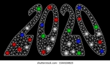 Bright mesh 2020 perspective text with glare effect. White wire frame polygonal mesh in vector format on a black background. Abstract 2d mesh designed with polygonal grid, points, colored flash spots.