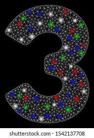 Bright mesh 3 digit with glare effect. White wire carcass triangular network in vector format on a black background. Abstract 2d mesh built from triangular lines, small circle, colored glare spots.