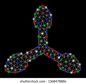 Bright mesh 3d axis arrows with glow effect. White wire frame polygonal mesh in vector format on a black background. Abstract 2d mesh designed with polygonal grid, dots, colorful glare spots.