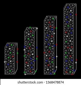 Bright mesh 3d bar chart with glow effect. White wire carcass triangular mesh in vector format on a black background. Abstract 2d mesh designed with triangular lines, points, colored glare spots.