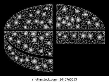 Bright mesh 3d pie chart with glare effect. Shiny wire carcass polygonal mesh in vector format on a black background. Abstract 2d mesh designed with polygonal grid, round dots, glowing flash spots.