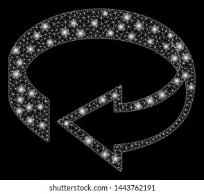 Bright mesh 3d rotation with lightspot effect. Shiny wire carcass polygonal mesh in vector format on a black background. Abstract 2d mesh created from polygonal grid, dots, glossy flash spots.