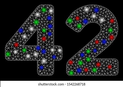 Bright mesh 42 digits text with lightspot effect. White wire frame polygonal mesh in vector format on a black background. Abstract 2d mesh designed with triangular lines, points, colored flare spots.