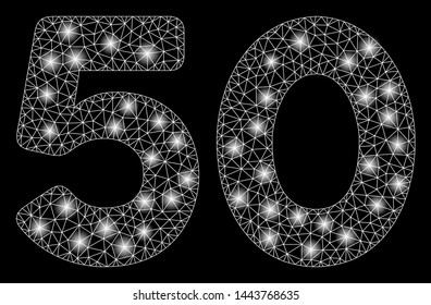 Bright mesh 50 digits text with glow effect. Shiny wire carcass triangular mesh in vector format on a black background. Abstract 2d mesh designed with triangular lines, dots, glossy light spots.