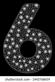 Bright mesh 6 digit with glare effect. Shiny wire frame polygonal mesh in vector format on a black background. Abstract 2d mesh created from polygonal grid, round dots, glossy glare spots.