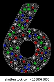 Bright mesh 6 digit with lightspot effect. White wire carcass polygonal mesh in vector format on a black background. Abstract 2d mesh designed with polygonal grid, points, colored flash spots.