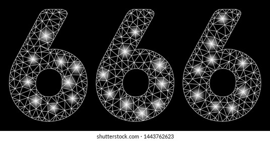 Bright mesh 666 digits text with glare effect. Shiny wire carcass triangular mesh in vector format on a black background. Abstract 2d mesh designed with triangular lines, spheric points,