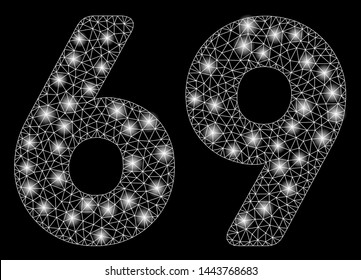 Bright mesh 69 digits text with glow effect. Shiny wire frame triangular network in vector format on a black background. Abstract 2d mesh designed with triangular lines, round dots,