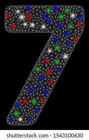 Bright mesh 7 digit with lightspot effect. White wire carcass triangular mesh in vector format on a black background. Abstract 2d mesh designed with triangular lines, round dots, colorful flare spots.