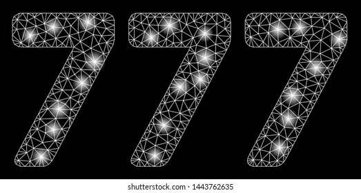 Bright mesh 777 digits text with glare effect. Shiny wire carcass polygonal mesh in vector format on a black background. Abstract 2d mesh designed with polygonal grid, points, glowing glare spots.