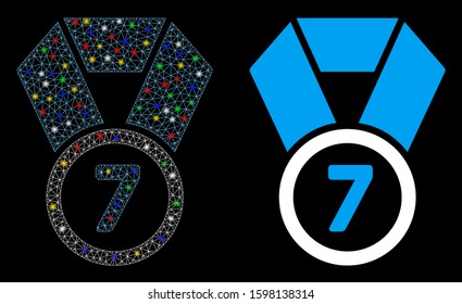 Bright mesh 7th place medal icon with glitter effect. Abstract illuminated model of 7th place medal. Shiny wire carcass polygonal mesh 7th place medal icon. Vector abstraction on a black background.