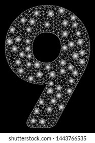 Bright mesh 9 digit with glow effect. Shiny wire carcass polygonal mesh in vector format on a black background. Abstract 2d mesh designed with polygonal grid, spheric points, glowing light spots.