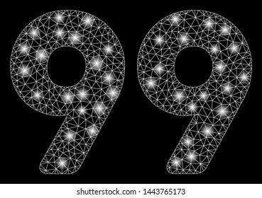 Bright mesh 99 digits text with glare effect. Shiny wire frame polygonal mesh in vector format on a black background. Abstract 2d mesh designed with polygonal grid, round dots, glossy glare spots.