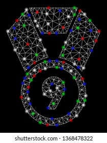 Bright mesh 9th place medal with glow effect. White wire frame triangular mesh in vector format on a black background. Abstract 2d mesh designed with triangles, points, colorful flare spots.