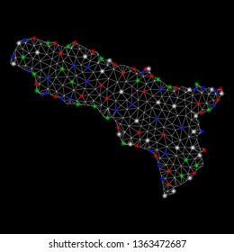 Bright mesh Abkhazia map with glare effect. Wire carcass polygonal network in vector format on a black background. Abstract 2d mesh designed with polygonal grid, round dots, colored glare spots.