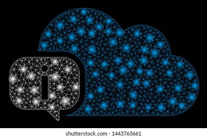 Bright mesh about with glare effect. Shiny wire carcass polygonal mesh in vector format on a black background. Abstract 2d mesh built from polygonal grid, round dots, glossy glare spots.