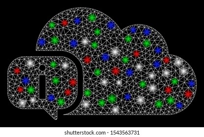 Bright mesh about with glare effect. White wire carcass triangular mesh in vector format on a black background. Abstract 2d mesh built from triangular lines, round dots, colorful glare spots.