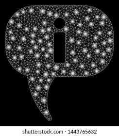 Bright mesh about with glow effect. Shiny wire carcass polygonal mesh in vector format on a black background. Abstract 2d mesh designed with triangles, spheric points, glowing flare spots.