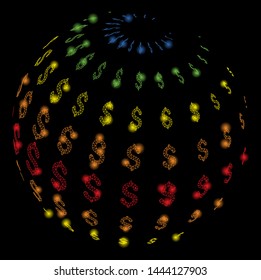 Bright mesh abstract dollar sphere with glow effect. Shiny wire carcass polygonal mesh in vector format on a black background. Abstract 2d mesh designed with polygonal grid, small circle,