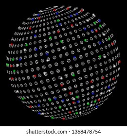 Bright mesh abstract dot sphere with glare effect. White wire frame triangular mesh in vector format on a black background. Abstract 2d mesh designed with polygonal grid, round dots,