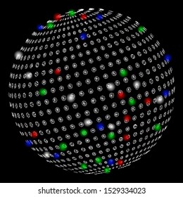 Bright mesh abstract dot sphere with glare effect. White wire carcass triangular mesh in vector format on a black background. Abstract 2d mesh created from triangular lines, round dots,