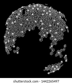 Bright mesh abstract dotted earth globe with glare effect. Shiny wire frame polygonal network in vector format on a black background. Abstract 2d mesh designed with triangles, dots,