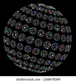 Bright mesh abstract dotted sphere with glare effect. White wire frame polygonal mesh in vector format on a black background. Abstract 2d mesh designed with polygonal grid, dots, colorful light spots.