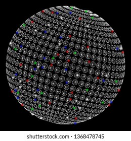 Bright mesh abstract dotted sphere with glow effect. White wire carcass triangular mesh in vector format on a black background. Abstract 2d mesh designed with triangles, dots, colorful light spots.