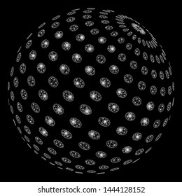 Bright mesh abstract dotted sphere with lightspot effect. Shiny wire frame polygonal mesh in vector format on a black background. Abstract 2d mesh created from polygonal grid, points,