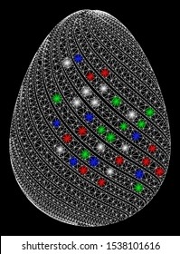 Bright mesh abstract egg with diagonal stripes with glare effect. White wire frame triangular mesh in vector format on a black background. Abstract 2d mesh designed with triangles, round dots,